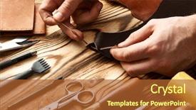  Presentation with leather - Audience pleasing PPT theme consisting of man working with leather using backdrop and a red colored foreground