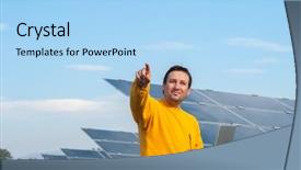  Presentation with sustainability solar energy panels - Slides enhanced with man working with solar panels background and a  colored foreground