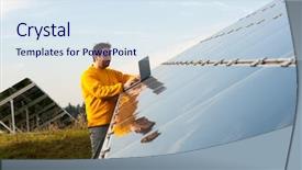 Presentation with sustainability solar energy panels - Beautiful slides featuring man working with solar panels backdrop and a  colored foreground
