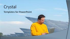  Presentation with sustainability solar energy panels - Slides having man working with solar panels background and a  colored foreground