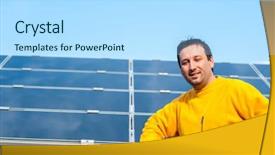  Presentation with sustainability solar energy panels - Audience pleasing theme consisting of man working with solar panels backdrop and a  colored foreground
