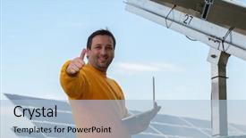  Presentation with solar panels - Presentation theme having man working with solar panels background and a  colored foreground