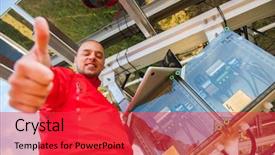  Presentation with sustainability solar energy panels - Beautiful presentation featuring man working with solar panels backdrop and a  colored foreground