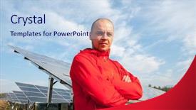  Presentation with sustainability solar energy panels - Beautiful presentation theme featuring man working with solar panels backdrop and a  colored foreground