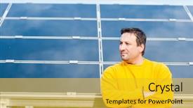  Presentation with solar panels - Theme consisting of man working with solar panels background and a  colored foreground