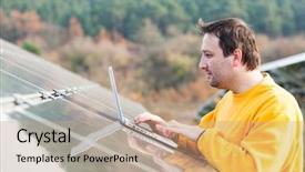  Presentation with solar panels - Presentation design with man working with solar panels background and a  colored foreground