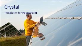  Presentation with sustainability solar energy panels - Slide set having man working with solar panels background and a  colored foreground