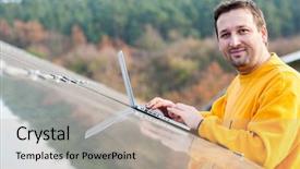  Presentation with solar panels - Presentation theme featuring man working with solar panels background and a  colored foreground