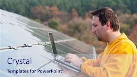  Presentation with solar panels - Cool new slide set with man working with solar panels backdrop and a  colored foreground