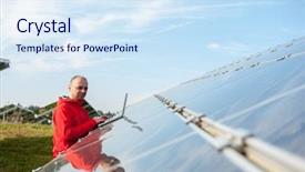  Presentation with solar panels - Presentation theme featuring man working with solar panels background and a sky blue colored foreground
