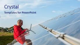  Presentation with sustainability solar energy panels - Amazing presentation theme having man working with solar panels backdrop and a sky blue colored foreground