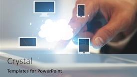  Presentation with storage - Cool new PPT theme with man working with tablet closeup cloud storage concept backdrop and a light blue colored foreground