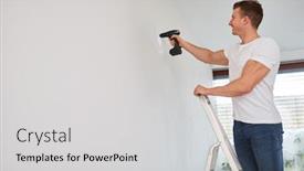  Presentation with drill - Beautiful PPT layouts featuring man works with a power drill on a ladder in the new home backdrop and a light gray colored foreground