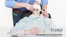  Presentation with barber - Cool new PPT layouts with man wrapped in towel being shaved with cut throat razor by barber over colored background backdrop and a sky blue colored foreground