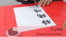  Presentation with chinese new year lunar - Audience pleasing PPT theme consisting of man write chinese calligraphy backdrop and a coral colored foreground