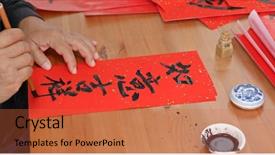  Presentation with chinese new year lunar - Amazing PPT layouts having man write chinese calligraphy backdrop and a red colored foreground
