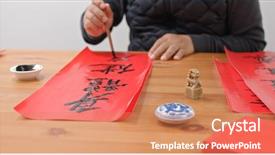  Presentation with mean - PPT theme featuring man write chinese calligraphy background and a coral colored foreground