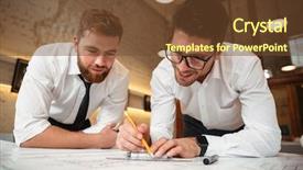  Presentation with business plan - Slide set consisting of standing over desk with graph background and a tawny brown colored foreground