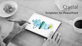  Presentation with writing notes - Audience pleasing slide set consisting of man writing notes on notebook against exclamation and light bulb backdrop and a light gray colored foreground