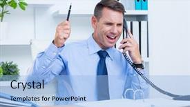  Presentation with office desk reception - Audience pleasing presentation theme consisting of man yelling - angry businessman phoning at his backdrop and a light blue colored foreground
