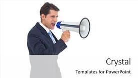  Presentation with well - Audience pleasing PPT theme consisting of man yelling - well dressed businessman shouting backdrop and a white colored foreground