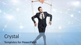  Presentation with controlled drugs - PPT theme featuring manage capacity - puppet businessman controlled by another background and a  colored foreground