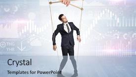  Presentation with financial - Presentation design enhanced with manage capacity - puppet businessman controlled by another background and a light blue colored foreground