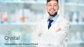  Presentation with pharmacy - Cool new slide deck with managed care - owner of business in his backdrop and a sky blue colored foreground