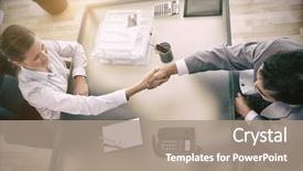  Presentation with shaking hands - Colorful theme enhanced with management - above view of young consultant backdrop and a coral colored foreground