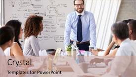  Presentation with special meeting notice - Presentation theme having management - caucasian businessman leading meeting background and a coral colored foreground