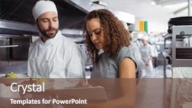  Presentation with commercial - Slide deck enhanced with management - chefs discussing menu on clipboard background and a tawny brown colored foreground