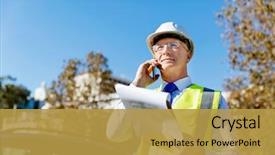  Presentation with construction management - Colorful PPT layouts enhanced with management - engineer builder at construction site backdrop and a gold colored foreground