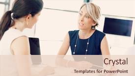  Presentation with employees - PPT theme having management - female manager assessing work background and a lemonade colored foreground