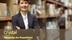  Presentation with warehouse - Colorful PPT layouts enhanced with management - female manager with arms crossed backdrop and a tawny brown colored foreground