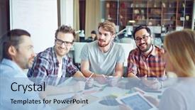  Presentation with employees - PPT theme with management - group of modern employees discussing background and a light blue colored foreground