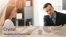  Presentation with office management - Slides consisting of management - hr manager interviewing young man background and a mint green colored foreground