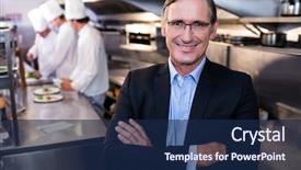  Presentation with restaurant kitchen - Theme having management - male restaurant manager standing background and a navy blue colored foreground