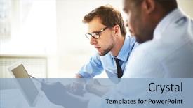  Presentation with managers - Amazing PPT theme having management - managers discussing something on laptop backdrop and a light blue colored foreground