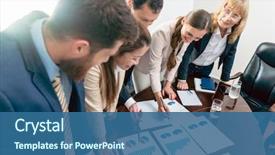  Presentation with profit - Colorful slide set enhanced with management - multi-ethnic team of five dedicated backdrop and a ocean colored foreground