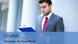  Presentation with reading - Audience pleasing PPT theme consisting of management - portrait of an handsome young backdrop and a teal colored foreground