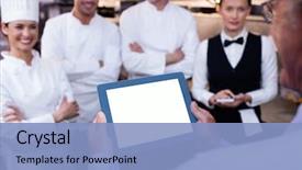 Presentation with restaurant kitchen - Slides featuring management - restaurant manager briefing to his background and a light blue colored foreground