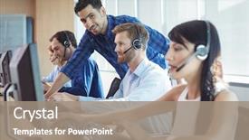  Presentation with telemarketer - PPT theme with management - smiling male supervisor assisting telemarketer background and a coral colored foreground