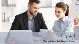  Presentation with managers - Presentation theme enhanced with management - young managers discussing issues background and a light blue colored foreground