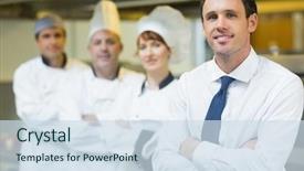  Presentation with restaurant - PPT layouts having management - young restaurant manager posing background and a sky blue colored foreground