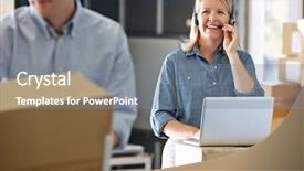  Presentation with distribution - PPT theme featuring management coordination - female manager using headset background and a gray colored foreground