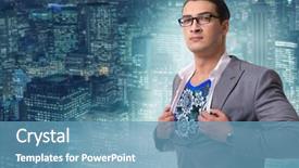  Presentation with synergy collaboration cooperation teamwork concept - Presentation theme enhanced with management cybernetics - businessman in teamwork concept background and a teal colored foreground