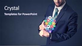  Presentation with nurse application - Cool new PPT theme with management function - businessman wearing smartwatch with colored backdrop and a ocean colored foreground