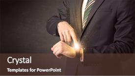  Presentation with smartwatch - PPT theme featuring management function - businessman wearing smartwatch with shiny background and a tawny brown colored foreground