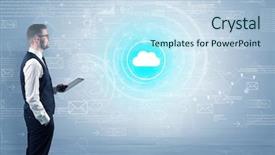  Presentation with data management - Cool new PPT layouts with management function - standing businessman with data backdrop and a sky blue colored foreground