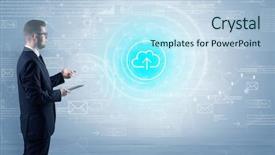  Presentation with data management - Cool new slides with management function - standing businessman with data backdrop and a sky blue colored foreground